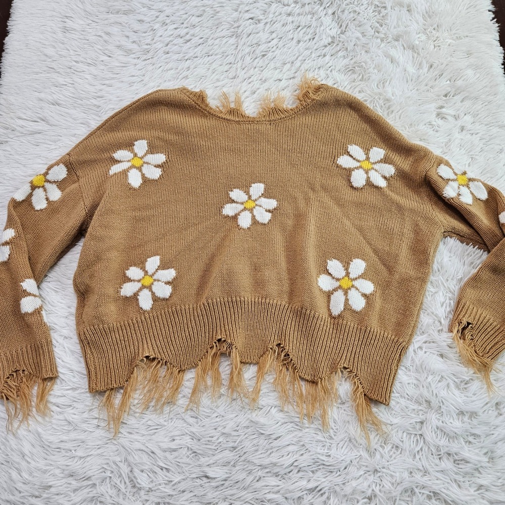 Forever 21 Womens Distressed Daisy Floral V-Neck Sweater Camel Tan Sz M - Picture 2 of 7